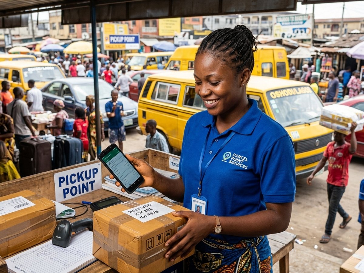 An attendant at a pickup point in a motor park with parcels and phone